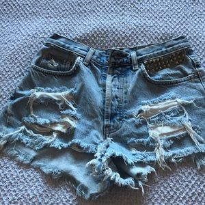 High waisted light wash shorts.